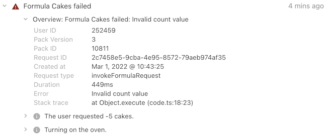 Log entry details for a failed invocation