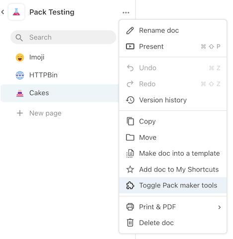 Open Pack maker tools from doc menu